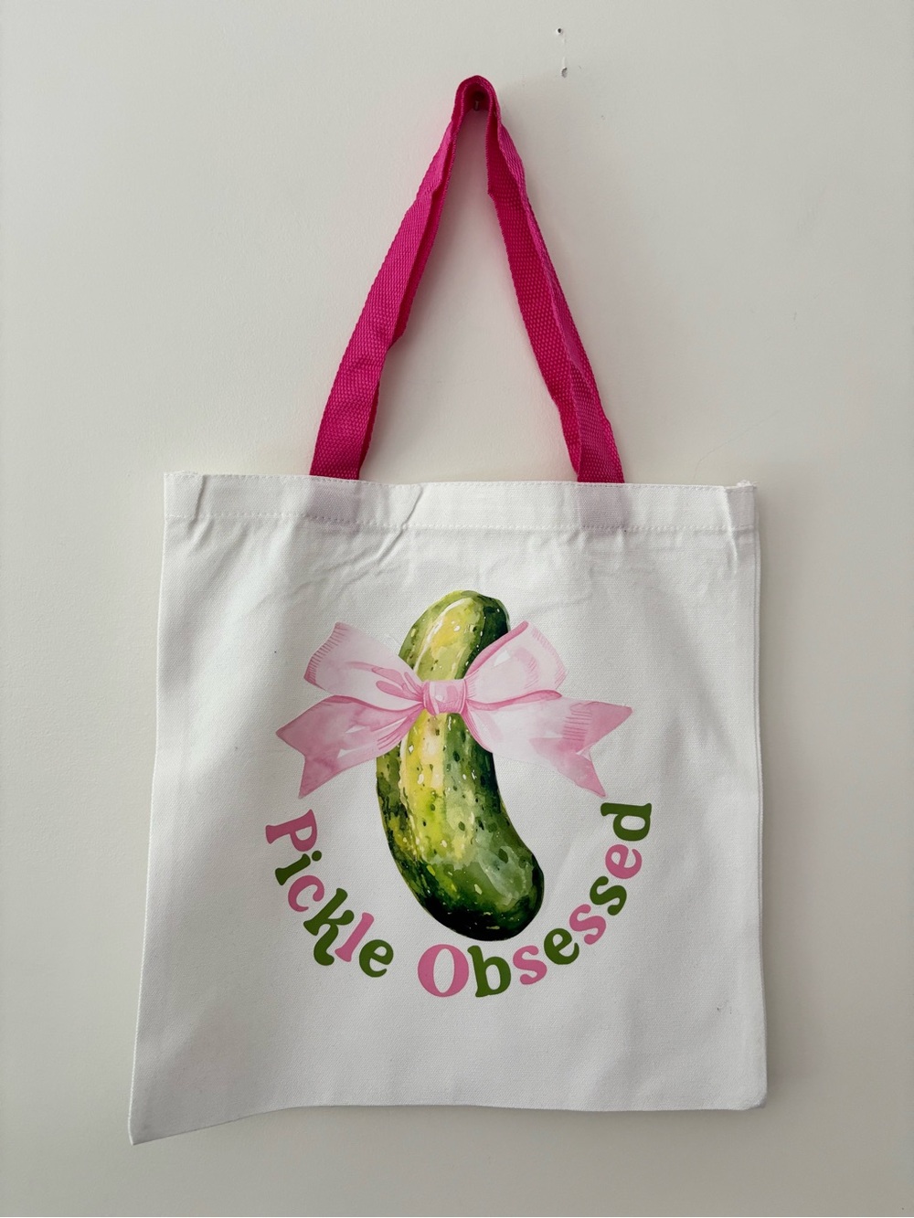 Pickle Obsessed White Tote Bag with Pink Handles